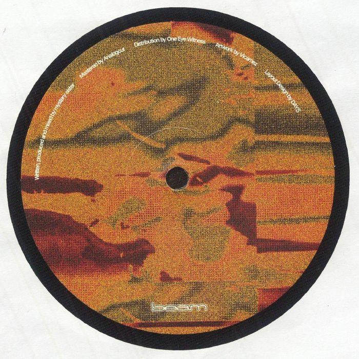 Abstract orange and brown vinyl record label with black border and beam logo in center
