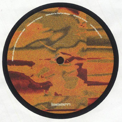 Abstract orange and brown vinyl record label with black border and beam logo in center