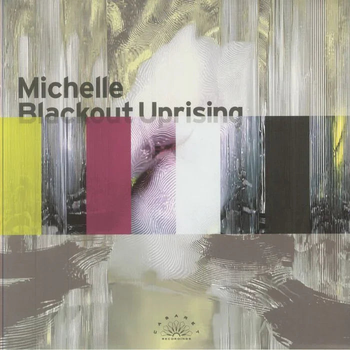 Michelle Blackout Uprising album cover with abstract art, vertical color stripes, and blurred face.