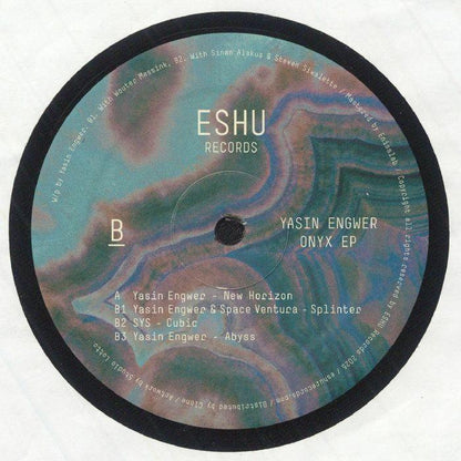 Vinyl record label for Yasin Engwer Onyx EP from ESHU Records with abstract background
