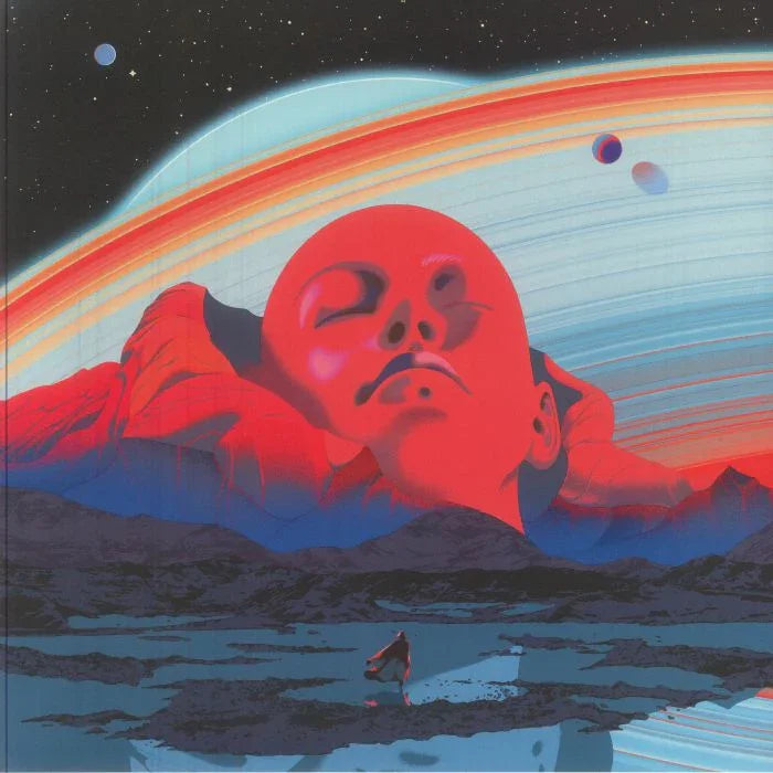 Surreal cosmic landscape with a red face in mountains, planets, and a figure by water