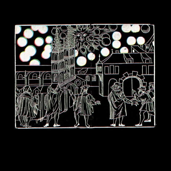Medieval-style city scene with figures, buildings, and glowing orbs in the sky, album cover art