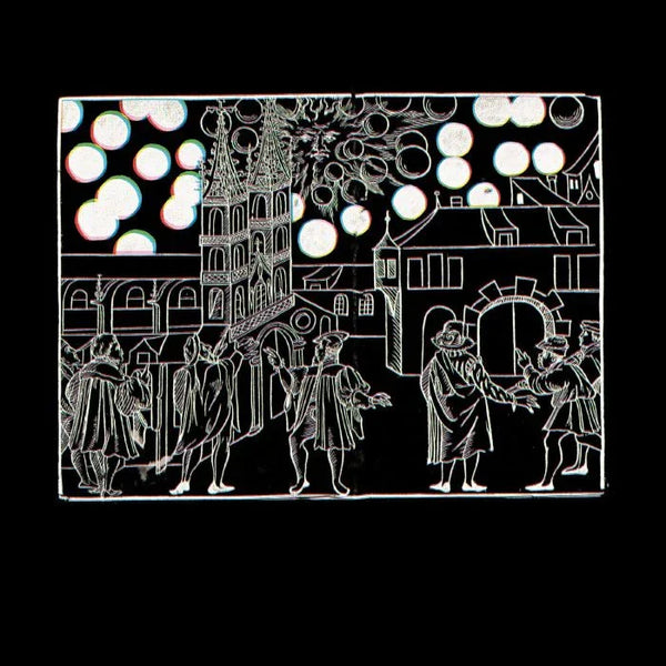 Medieval-style city scene with figures, buildings, and glowing orbs in the sky, album cover art