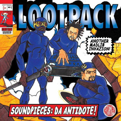 Lootpack Soundpieces Da Antidote album cover, cartoon superheroes with musical gear, comic style