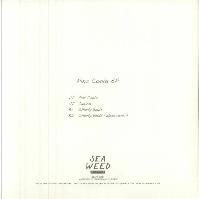 Minimalist vinyl record sleeve for Pina Coala EP, handwritten tracklist on white background.