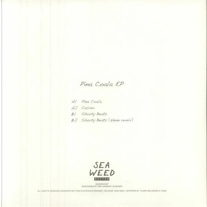 Minimalist vinyl record sleeve for Pina Coala EP, handwritten tracklist on white background.