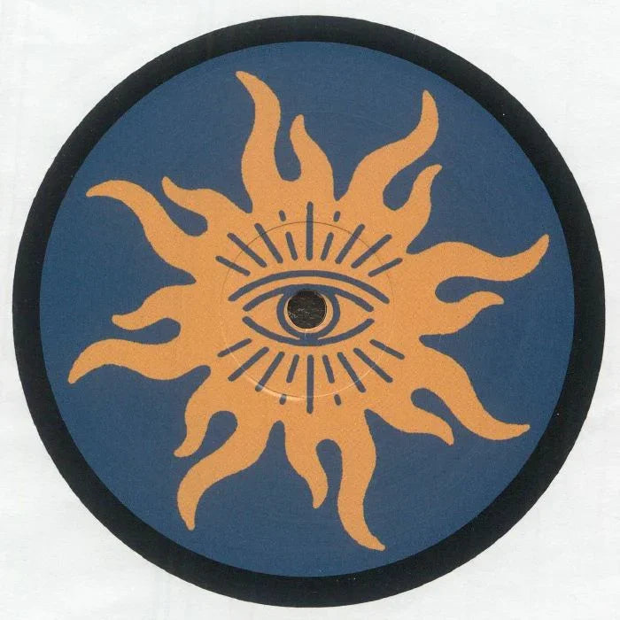 Record slipmat with orange sun and all-seeing eye graphic on blue background
