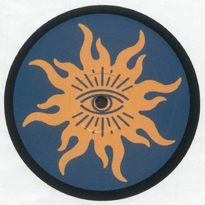 Record slipmat with orange sun and all-seeing eye graphic on blue background