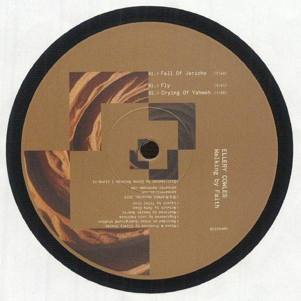 Vinyl record label for Ellery Cowles' Walking by Faith with tracklist and abstract design