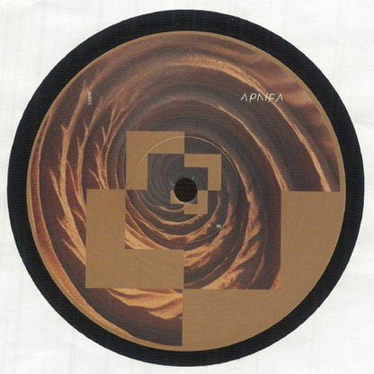 Vinyl record with abstract geometric and spiral brown pattern, Apnea text on label