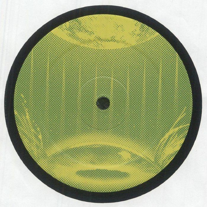 Yellow and green vinyl record with abstract dotted artwork and black border on white background.