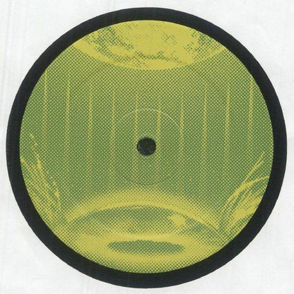 Yellow and green vinyl record with abstract dotted artwork and black border on white background.