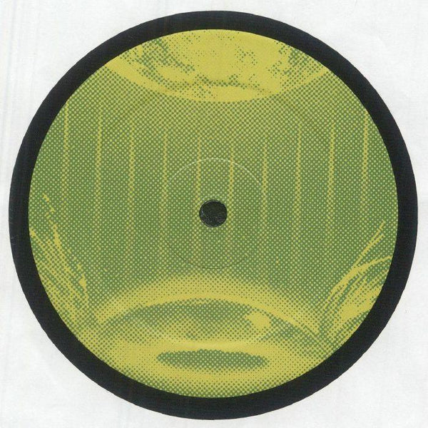 Yellow and green vinyl record with abstract dotted artwork and black border on white background.