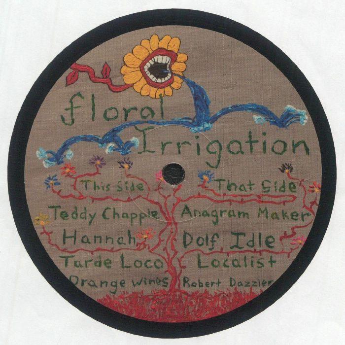 Colorful illustrated vinyl record label featuring a singing flower and handwritten artist names.