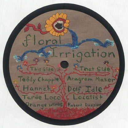 Colorful illustrated vinyl record label featuring a singing flower and handwritten artist names.
