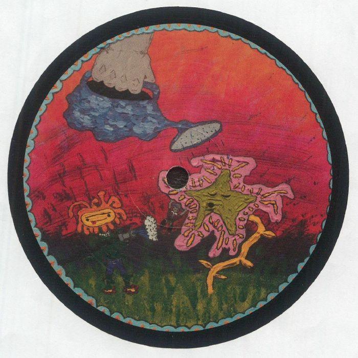 Colorful vinyl record label art with abstract creatures, star shape, and a cartoon hand on red background