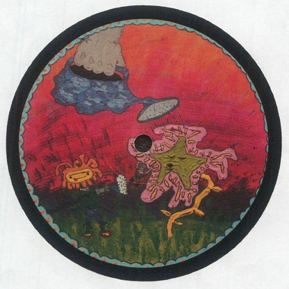 Colorful vinyl record label art with abstract creatures, star shape, and a cartoon hand on red background