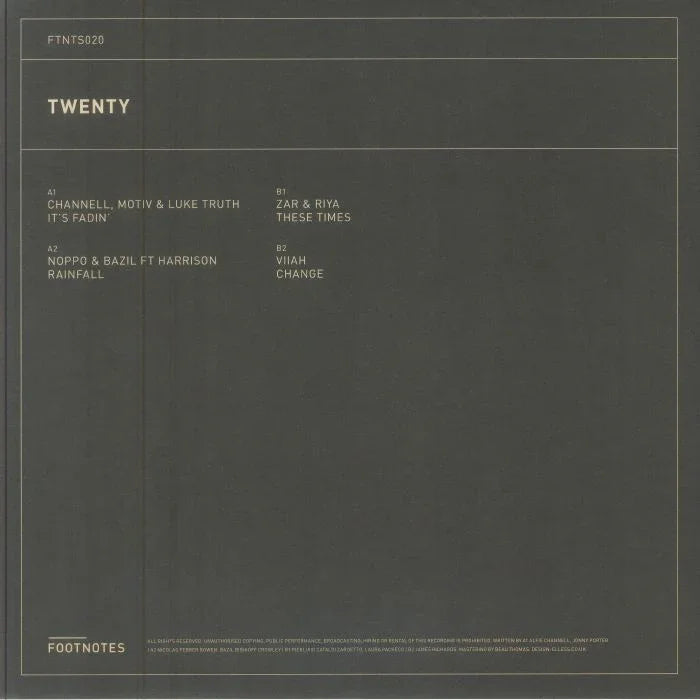 Minimalist black vinyl record cover with tracklist and title 'TWENTY' in gold text.