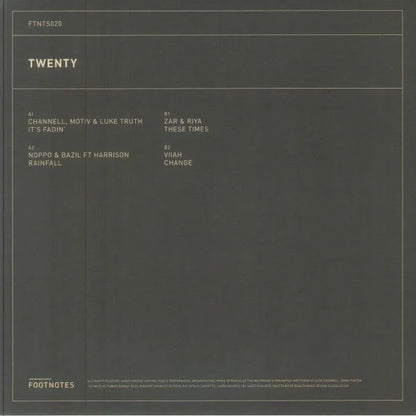 Minimalist black vinyl record cover with tracklist and title 'TWENTY' in gold text.