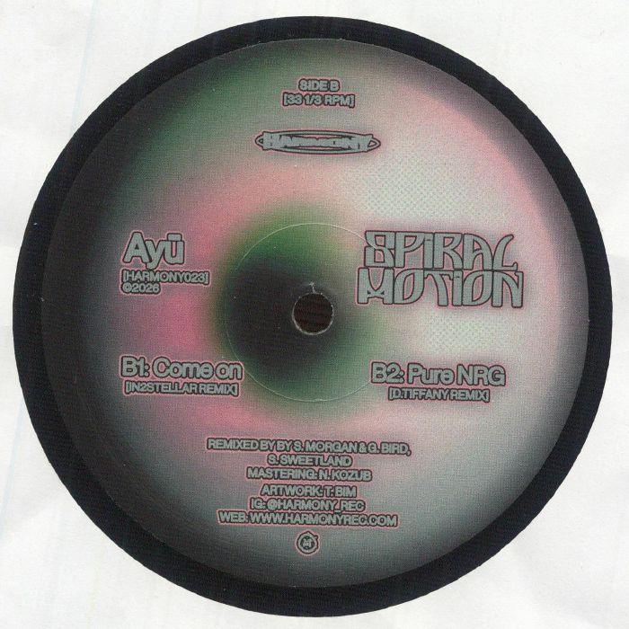 Vinyl record with text and branding on a white background