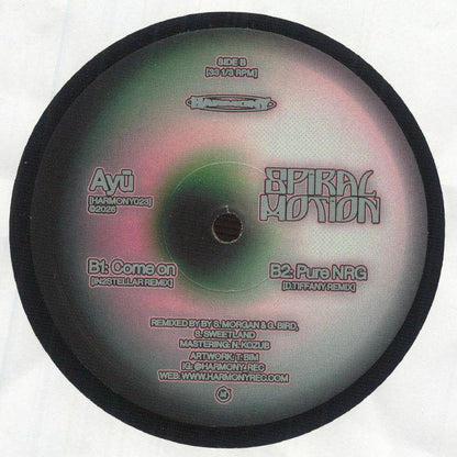Vinyl record with text and branding on a white background