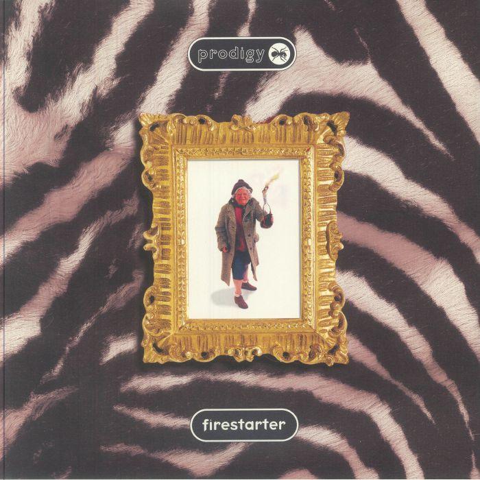 Album cover for 'Firestarter' by Prodigy with a gold frame and zebra pattern background