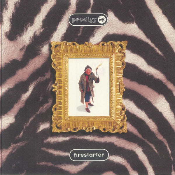 Album cover for 'Firestarter' by Prodigy with a gold frame and zebra pattern background