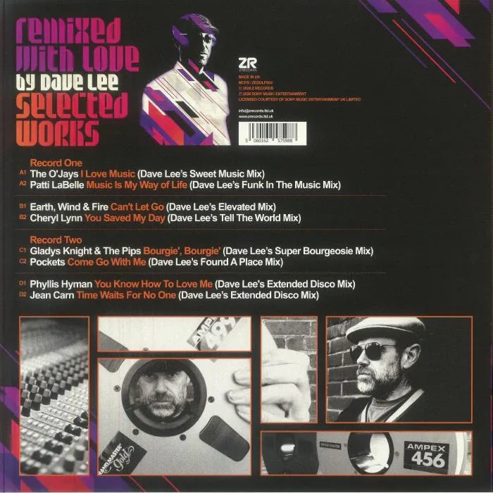 Album cover with text and images of a person, featuring 'Remixed with Love by Dave Lee Selected Works' on a dark background.