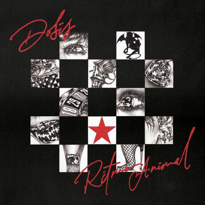 Checkered design with tattoo images and red star on black background, featuring the text 'Dofis' and 'Retro Animal'.