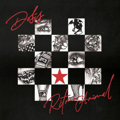 Checkered design with tattoo images and red star on black background, featuring the text 'Dofis' and 'Retro Animal'.