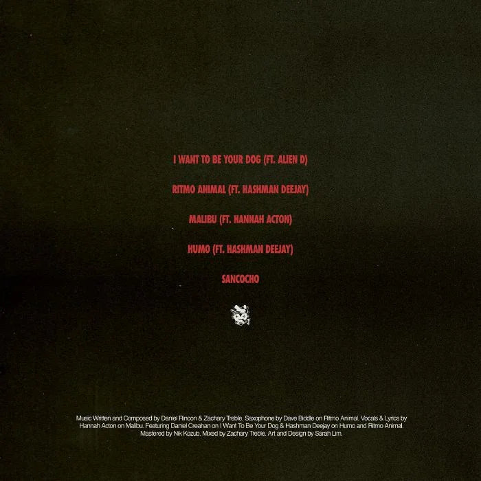 Black album cover with red and white text listing track names and artists.