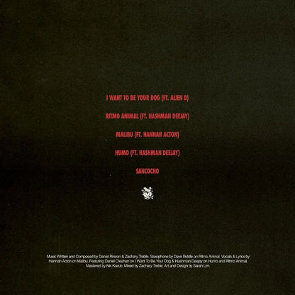 Black album cover with red and white text listing track names and artists.