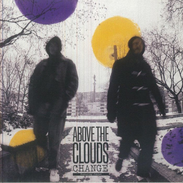 Two people standing on a snowy landscape with large colorful balloons and 'Above the Clouds Change' text.