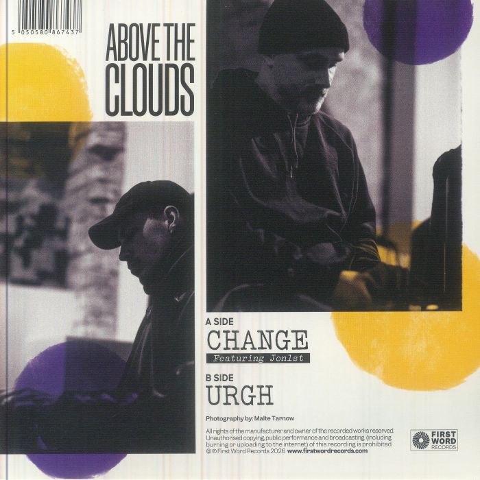 Album cover for 'Above the Clouds' with two people and colorful circles.