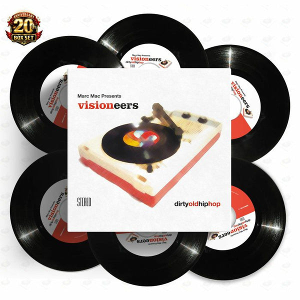 Vinyl records with a central cover displaying 'visioneers' and 'dirtyoldhiphop' branding.
