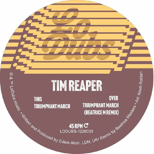 Round label with 'Lo Dubz' branding and text about a music track titled 'Tim Reaper'.