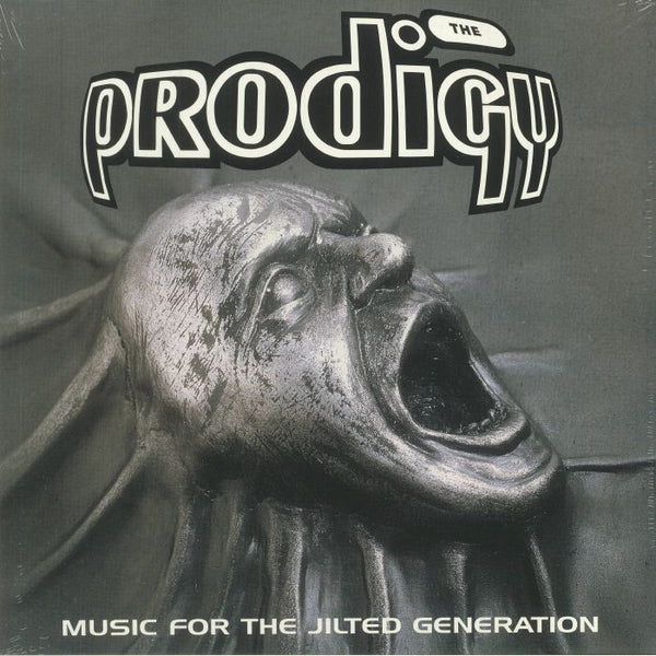 Album cover for 'Music for the Jilted Generation' by The Prodigy featuring a metallic head sculpture.