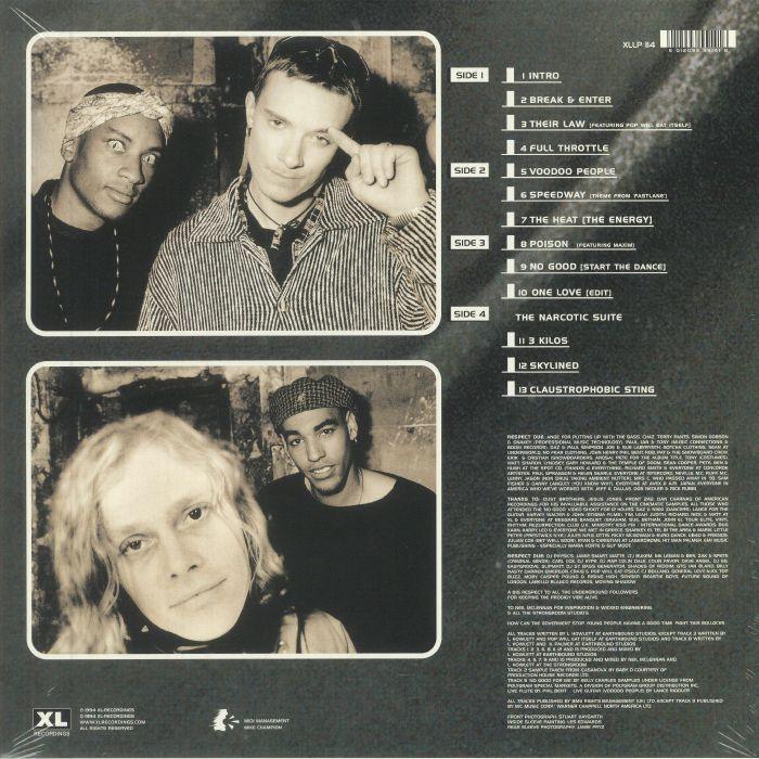 Album back cover with black and white photos of three individuals and a tracklist on a dark background.