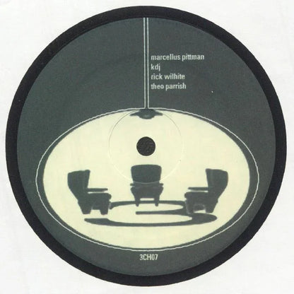 Vinyl record label featuring silhouettes of three armchairs under a ceiling light, names listed: marcellus pittman, kdj, rick wilhite, theo parrish.