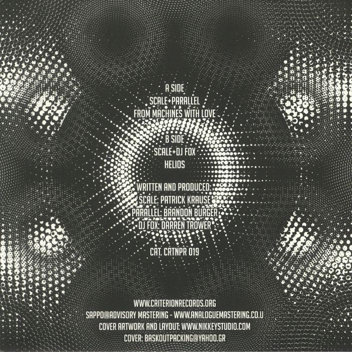 Abstract black and white vinyl record cover with dotted patterns and tracklist text in center.