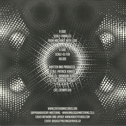 Abstract black and white vinyl record cover with dotted patterns and tracklist text in center.
