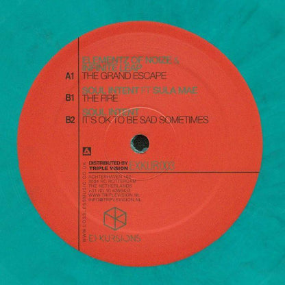Red vinyl record label with tracklist, black text, and central cutout on teal background