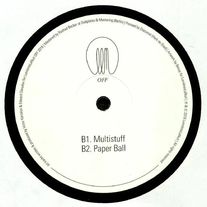 Close-up of a vinyl record label featuring B1. Multistuff and B2. Paper Ball tracklist.