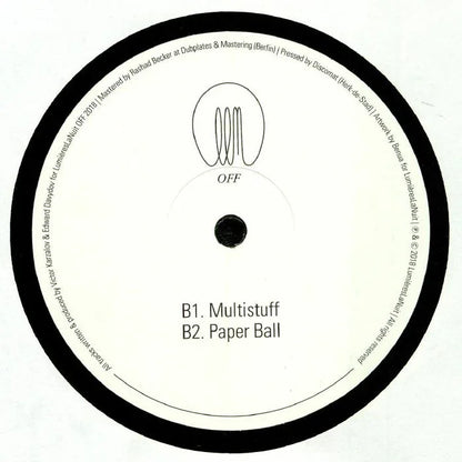 Close-up of a vinyl record label featuring B1. Multistuff and B2. Paper Ball tracklist.