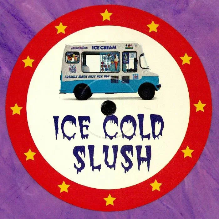 Ice cream truck illustration with 'Ice Cold Slush' text, colorful circle and stars background