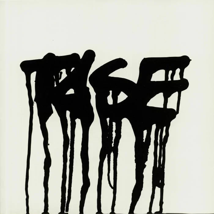 Abstract black graffiti-style text with dripping paint on white background, record cover art