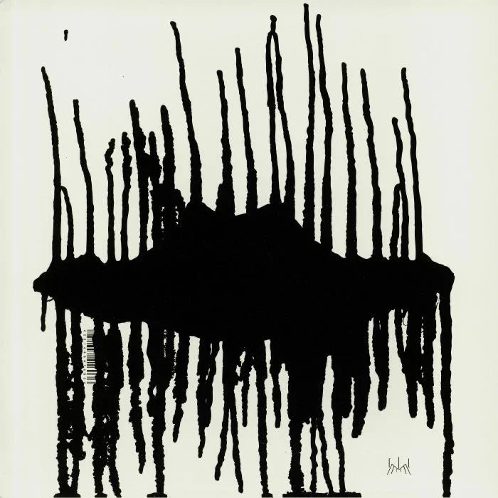 Abstract black ink artwork with vertical lines on white background, minimalist record cover