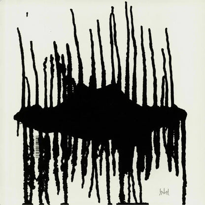 Abstract black ink artwork with vertical lines on white background, minimalist record cover