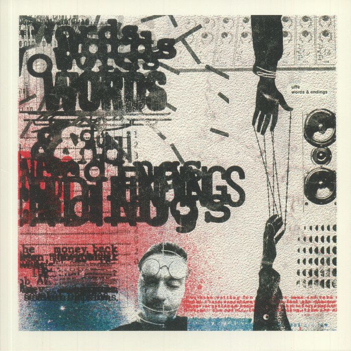 Abstract artwork with layered black text, a distorted face with goggles, and hands manipulated by strings, urban style