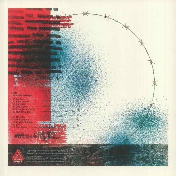 Abstract album cover with red, blue, and black paint splatters and barbed wire circle design
